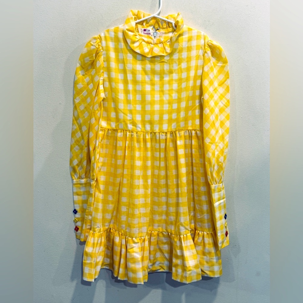VTG Dorissa of Miami Yellow Check Dress with Puffy Long Sleeves  10